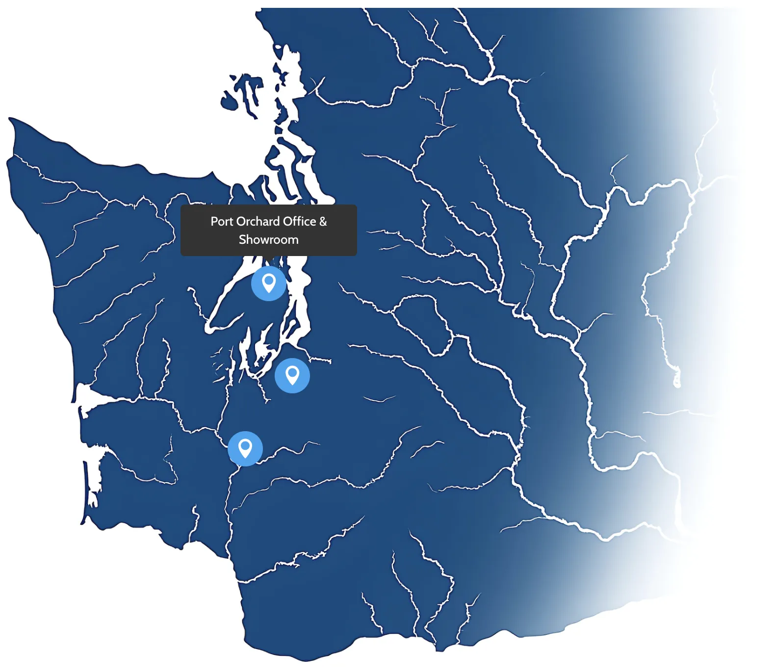 Map of WA with pins, showing Port Orchard, WA